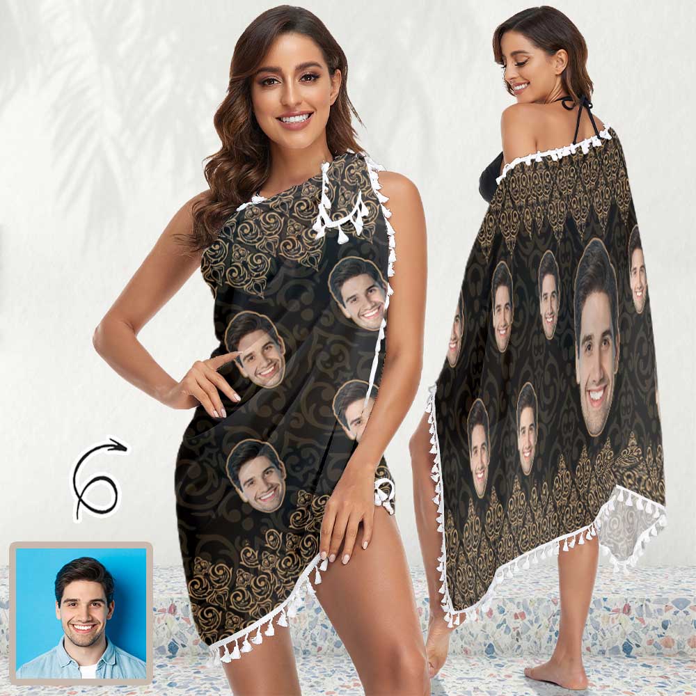 Custom Custom Face Black Beach Wraps Chiffon Sarong Bikini Swimsuit Cover Ups Skirt Tassels - YesCustom