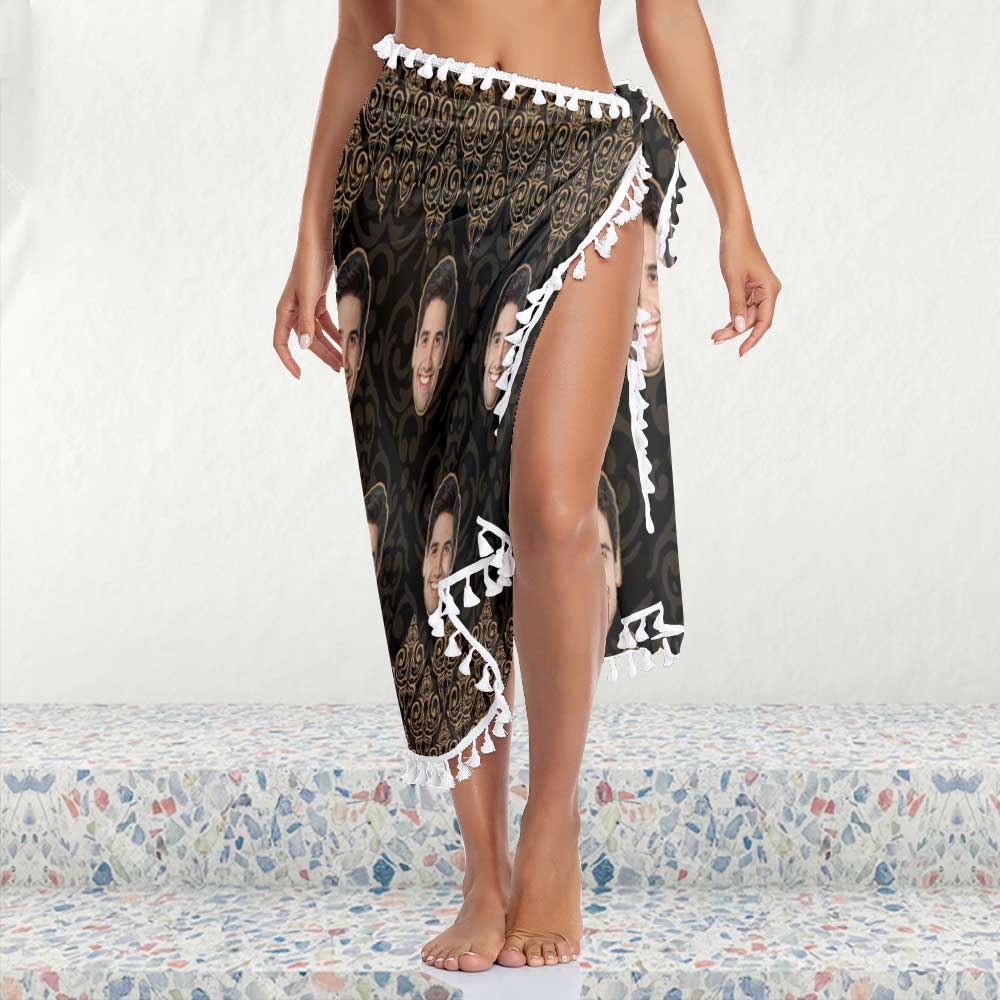 Custom Custom Face Black Beach Wraps Chiffon Sarong Bikini Swimsuit Cover Ups Skirt Tassels - YesCustom