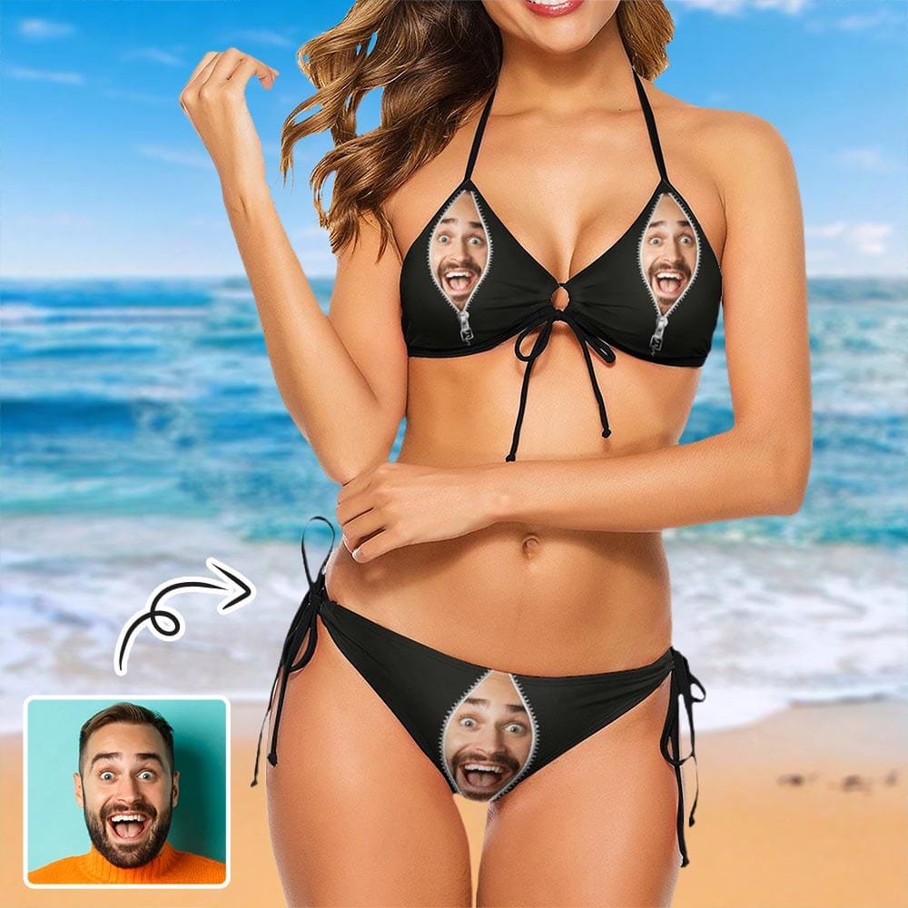 Custom Custom Face Black Bikini Personalized Swimwear Women's Two-Piece Bikini Swimwear Summer Beach Pool Set - YesCustom