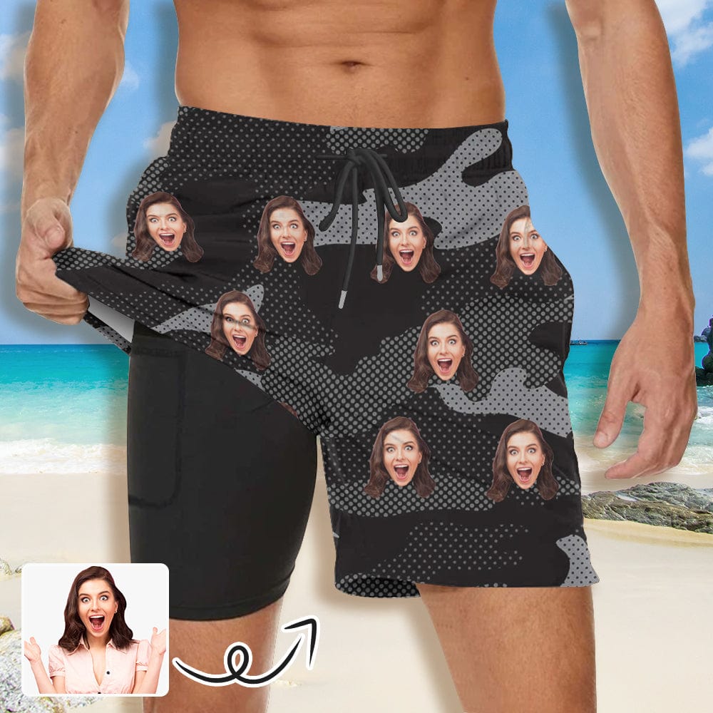 Custom Custom Face Black Camouflage Men's Quick Dry 2 in 1 Surfing & Beach Shorts Male Gym Fitness Shorts - YesCustom