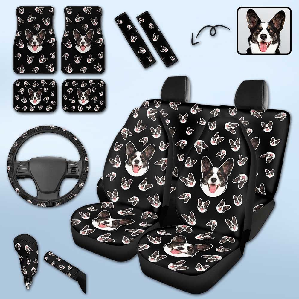 Custom Custom Face Black Car Accessories Set Car Seat Covers Set of 4 Steering Wheel Cover Car Floor Mats Car Shift Knob Cover&Hand Brake Cover Seat Belt Pads - YesCustom