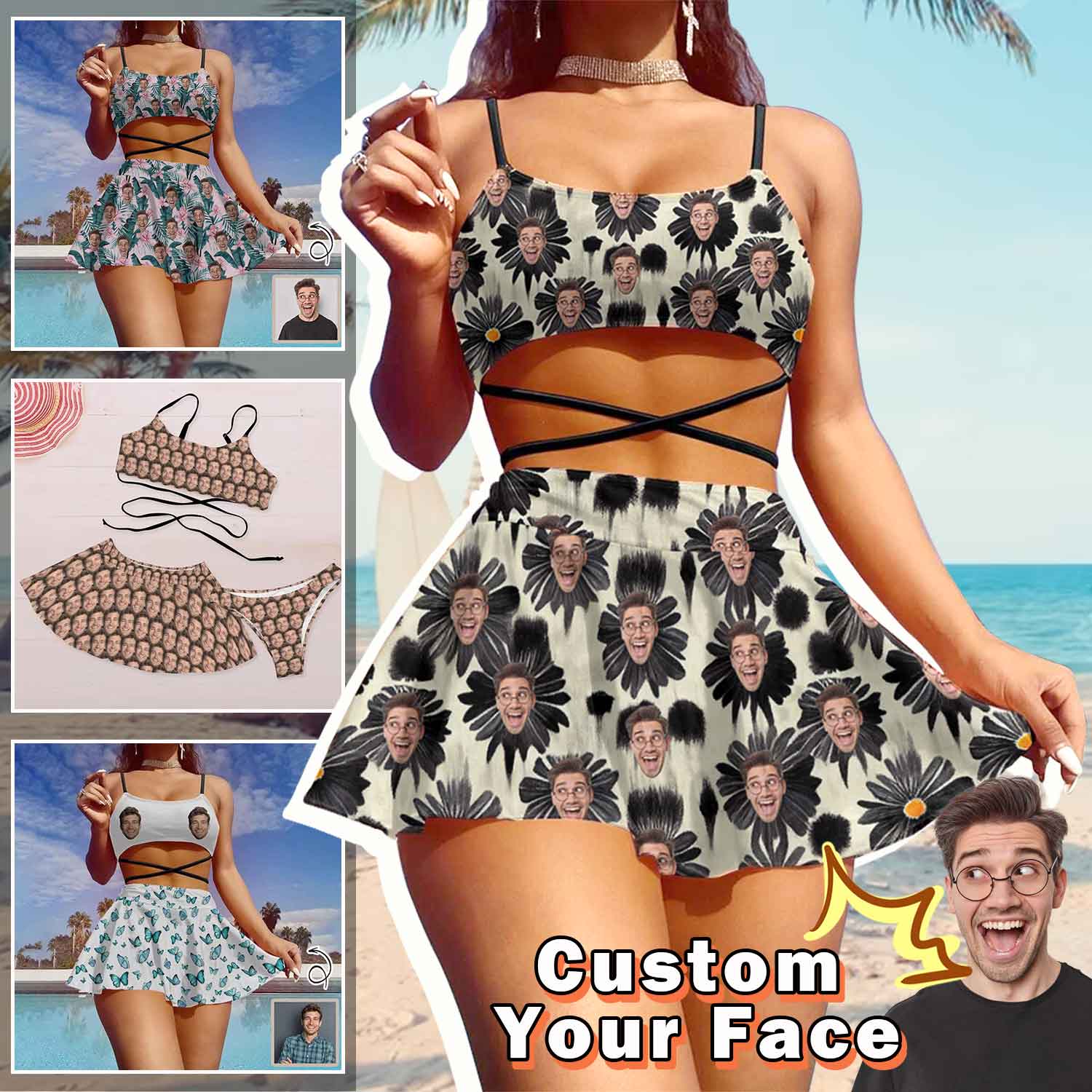 Custom Custom Face Black Flowers Bikini Set Women's String Three-Piece Bikini Skirt - YesCustom