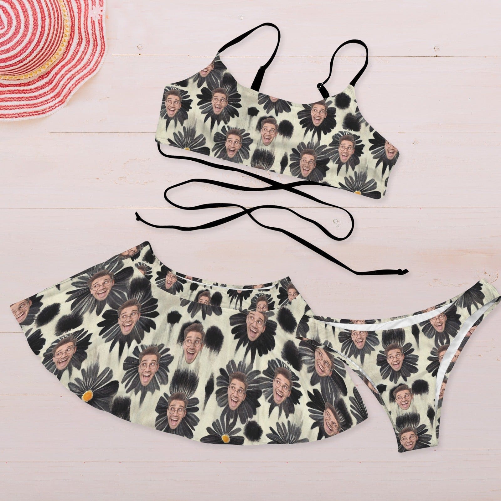 Custom Custom Face Black Flowers Bikini Set Women's String Three-Piece Bikini Skirt - YesCustom