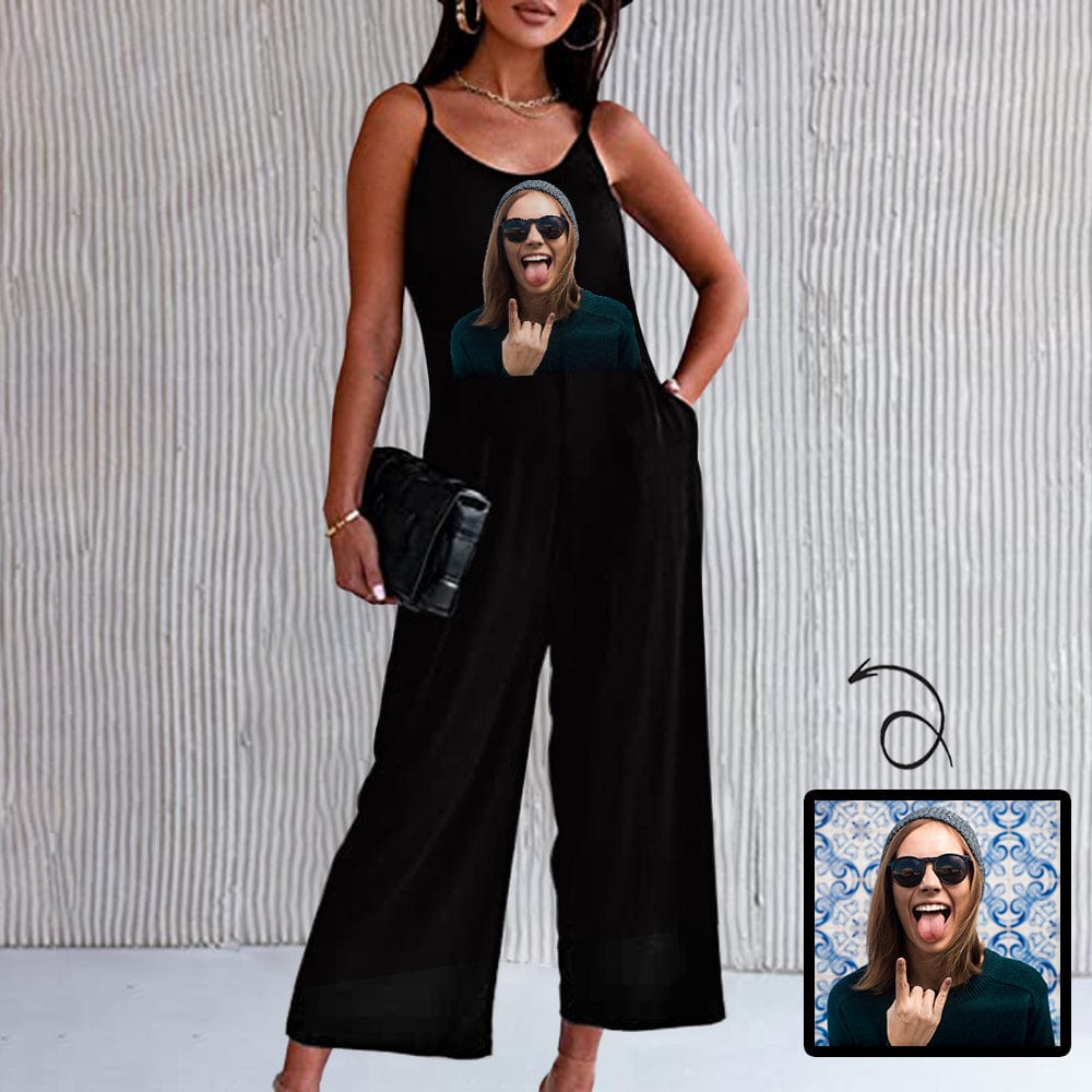 Custom Custom Face Black Funny Women's Summer Casual Spaghetti Strap V Neck Oversized Wide Leg Jumpsuit Pockets Beach Travel Outfits - YesCustom