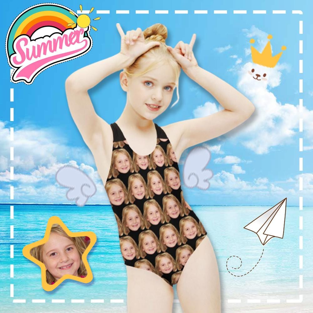 Custom Custom Face Black Kid's Swimsuit - YesCustom