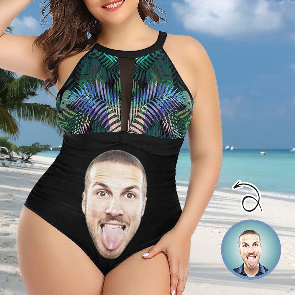 Custom Custom Face Black Leaves Women's One Piece Swimsuit High Neck Plunge Mesh Ruched Monokini Swimwear - YesCustom
