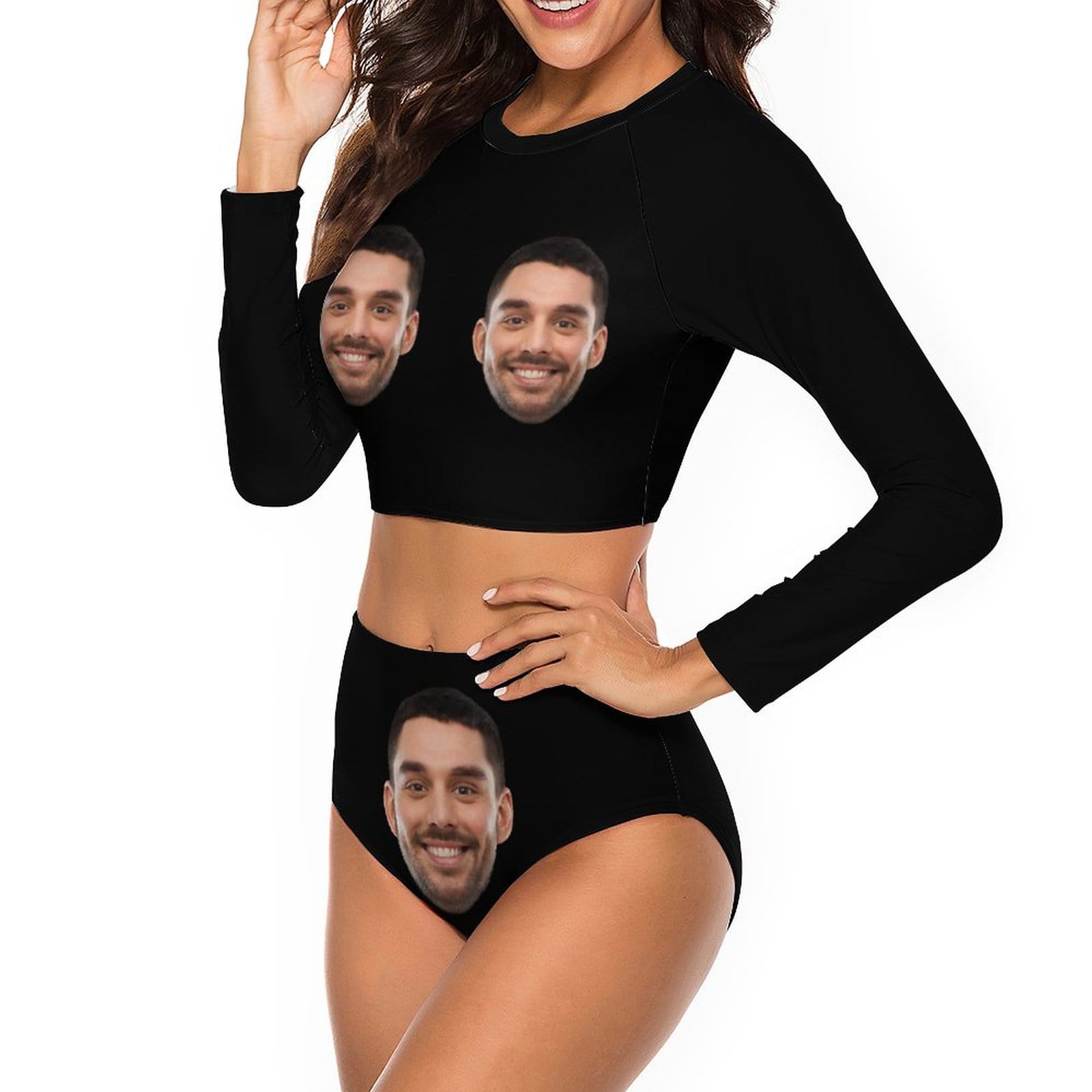 Custom Custom Face Black Long Sleeve High Waisted Tankini Bathing Suit Personalized Women's Two Piece Swimsuit Beach Outfits - YesCustom