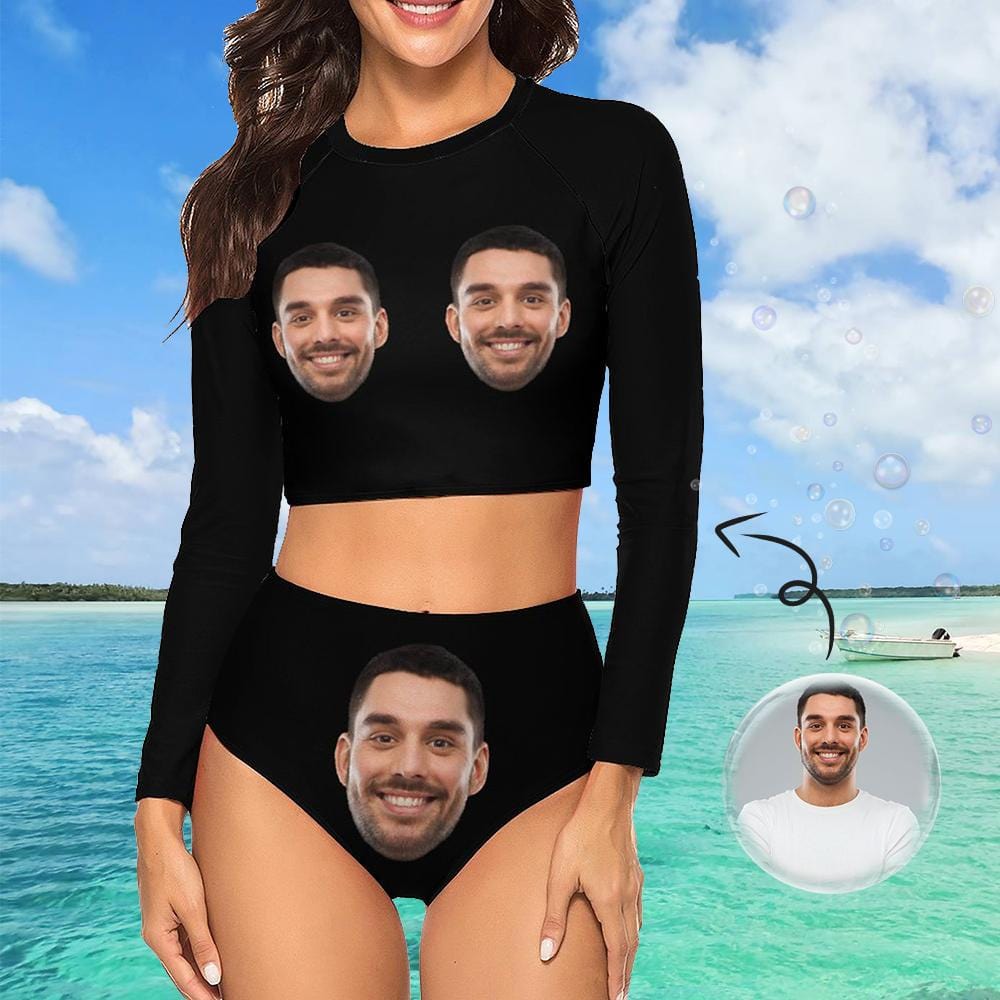 Custom Custom Face Black Long Sleeve High Waisted Tankini Bathing Suit Personalized Women's Two Piece Swimsuit Beach Outfits - YesCustom