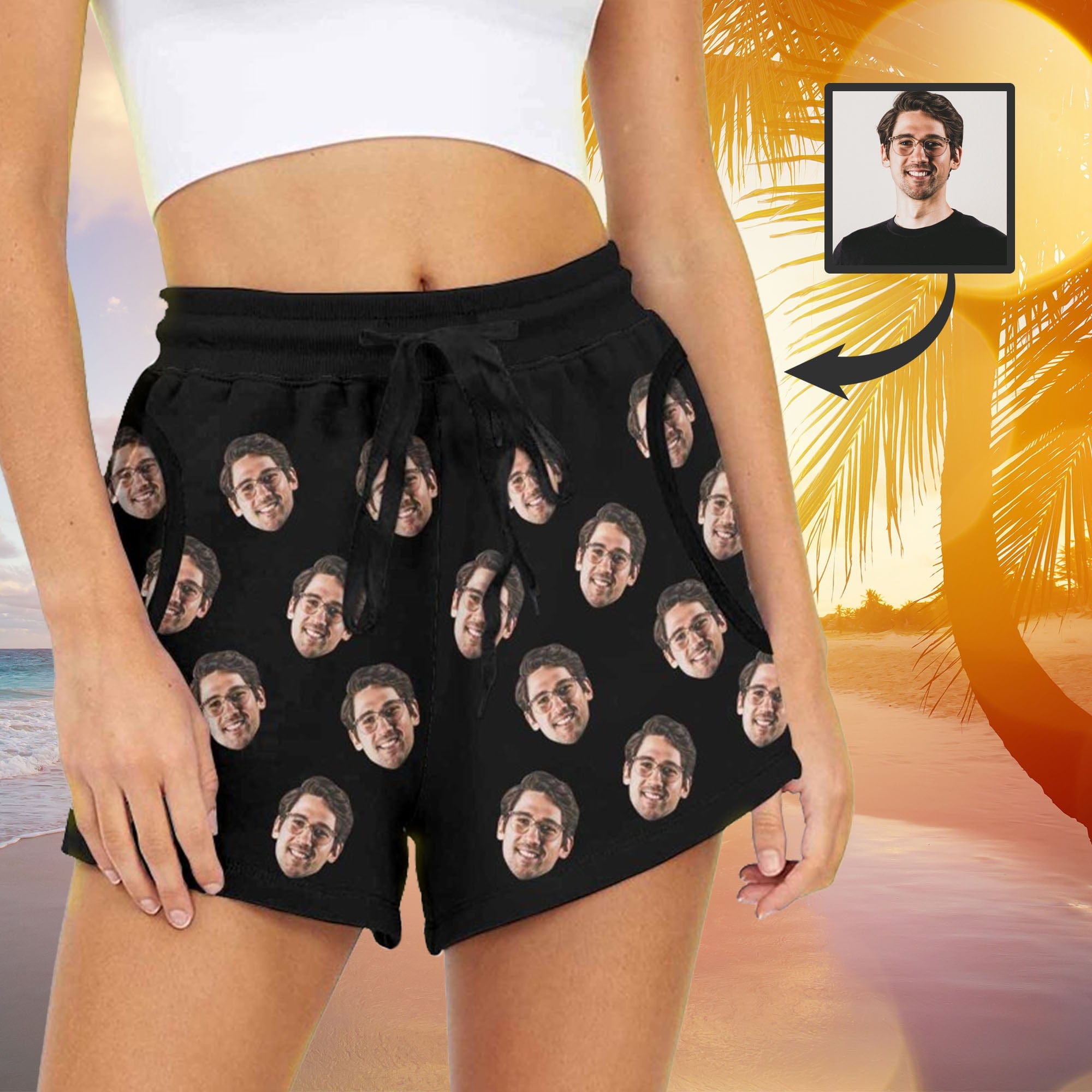 Custom Custom Face Black Mid-Length Board Shorts Swim Trunks for Her Create Your Own Personalized Shorts - YesCustom