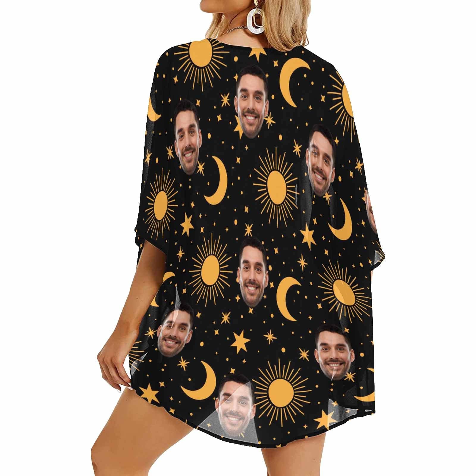Custom Custom Face Black Moon Star Personalized Women's Kimono Chiffon Cover Up Gift - YesCustom