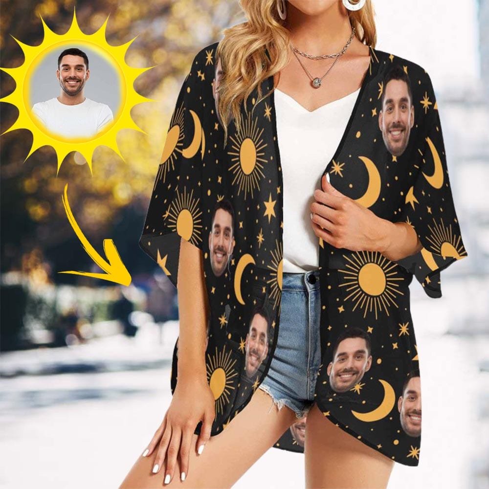 Custom Custom Face Black Moon Star Personalized Women's Kimono Chiffon Cover Up Gift - YesCustom