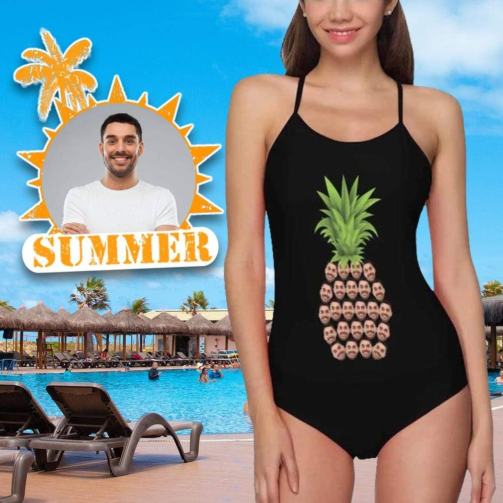 Custom Custom Face Black Pineapple Swimsuit Personalized Women's Slip One Piece Bathing Suit Funny Gift - YesCustom