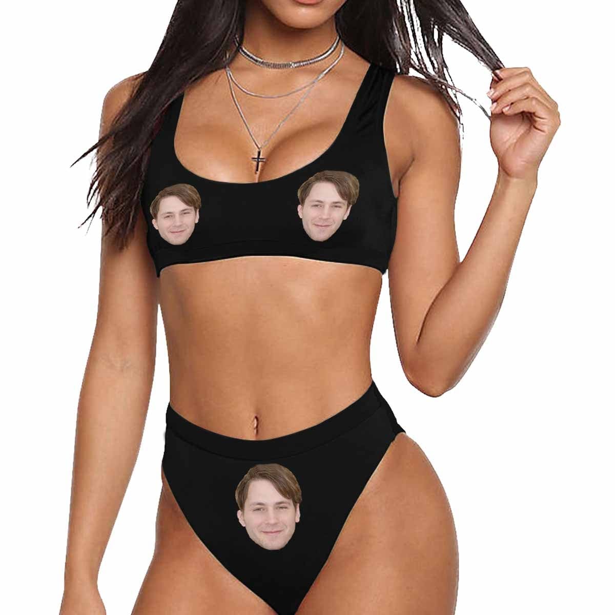 Custom Custom Face Black Scoop Neck Sport Top High Waisted Bikini Swimsuit Personalized Women's Two Piece Bathing Suit Beach Outfits - YesCustom