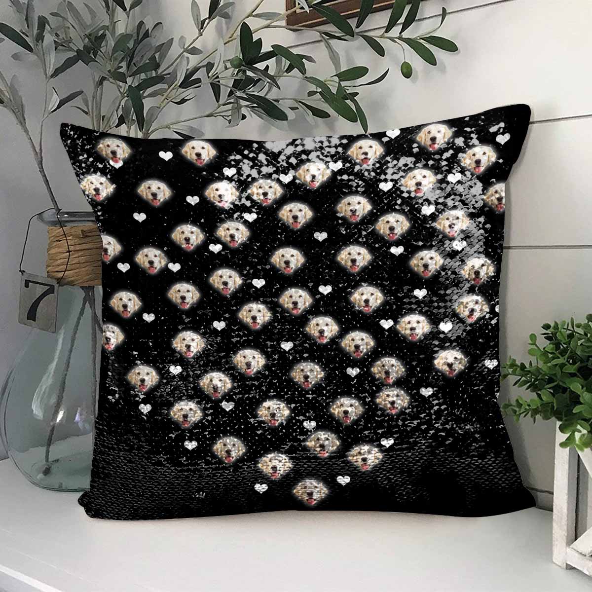 Custom Custom Face Black Sequin Pillow Case Personalized Pet Picture Pillow Cover 15.7"x15.7" - YesCustom