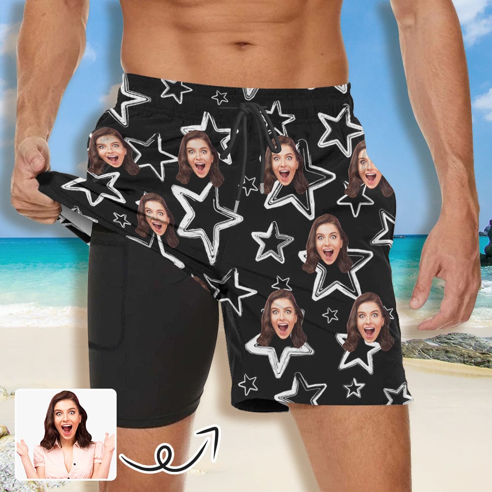 Custom Custom Face Black Star Men's Quick Dry 2 in 1 Surfing & Beach Shorts Male Gym Fitness Shorts - YesCustom