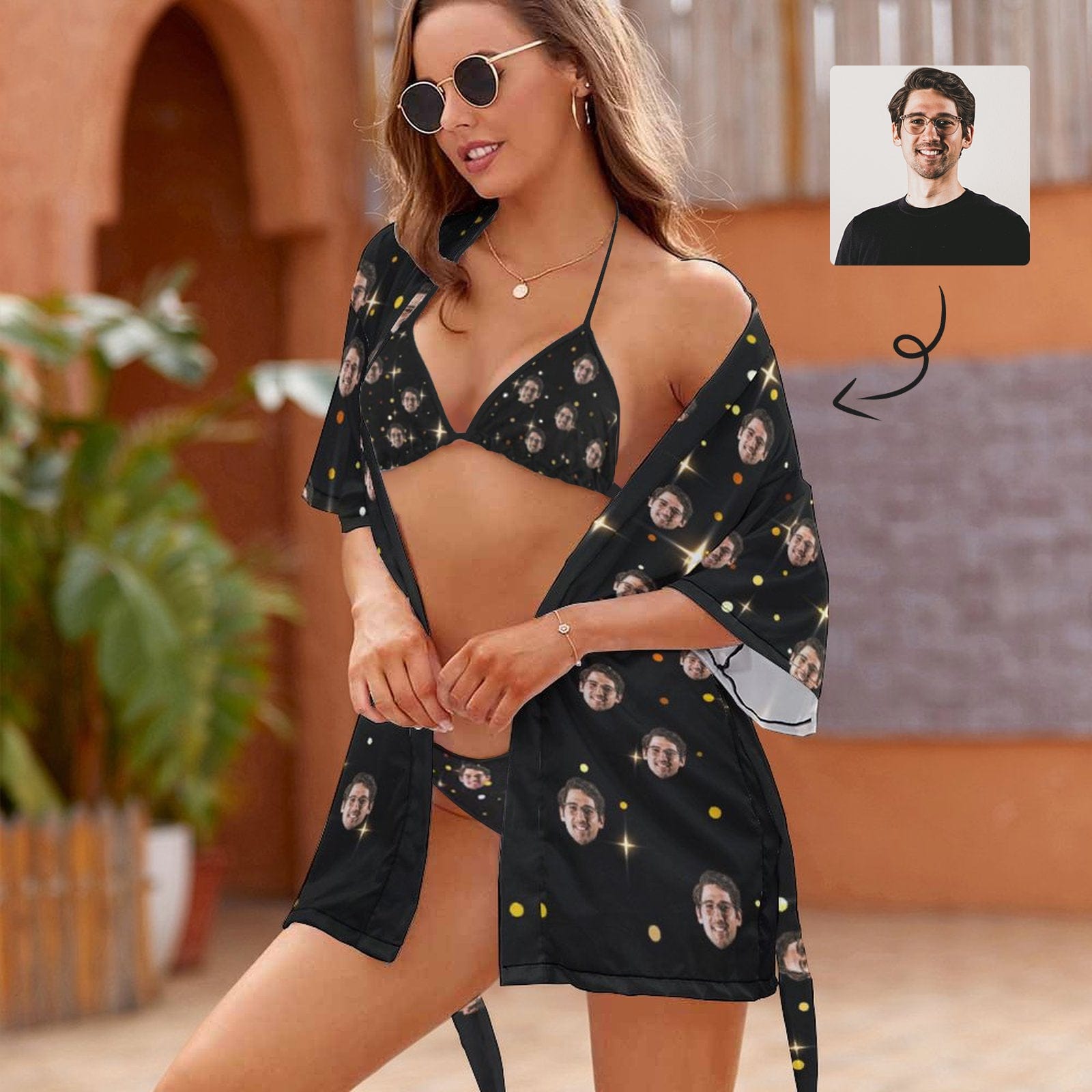 Custom Custom Face Black Starry Sky String Halter Sexy Bikini & Short Robe Set For Bride and Bridesmaids In Wedding Party And Cruise Ship - YesCustom