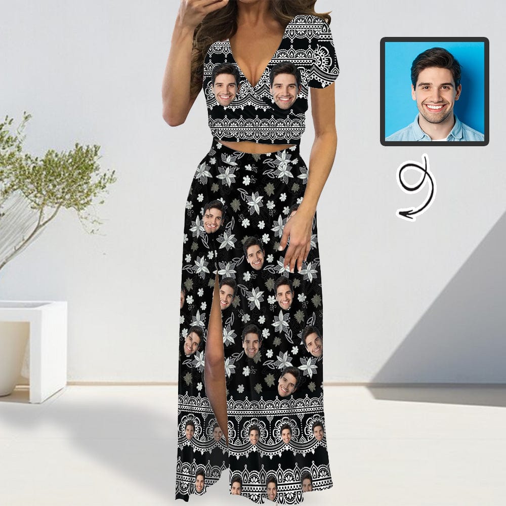 Custom Custom Face Black Tribal Style Beach Outfits Dress Personalized Women's V-neck Split Maxi Dresses Skirt Set - YesCustom