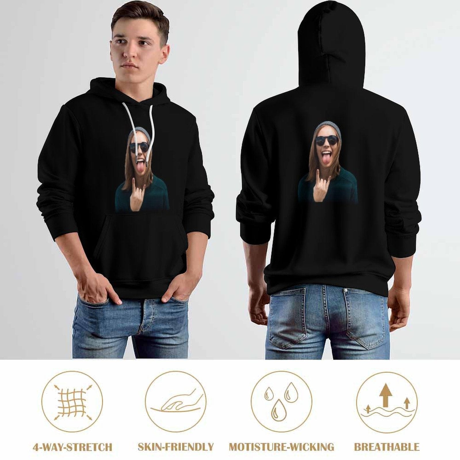 Custom Custom Face Black Unisex Hoodie Personalized Face Black Hoodie with Design Large Size Loose Hoodie Top Outfits - YesCustom