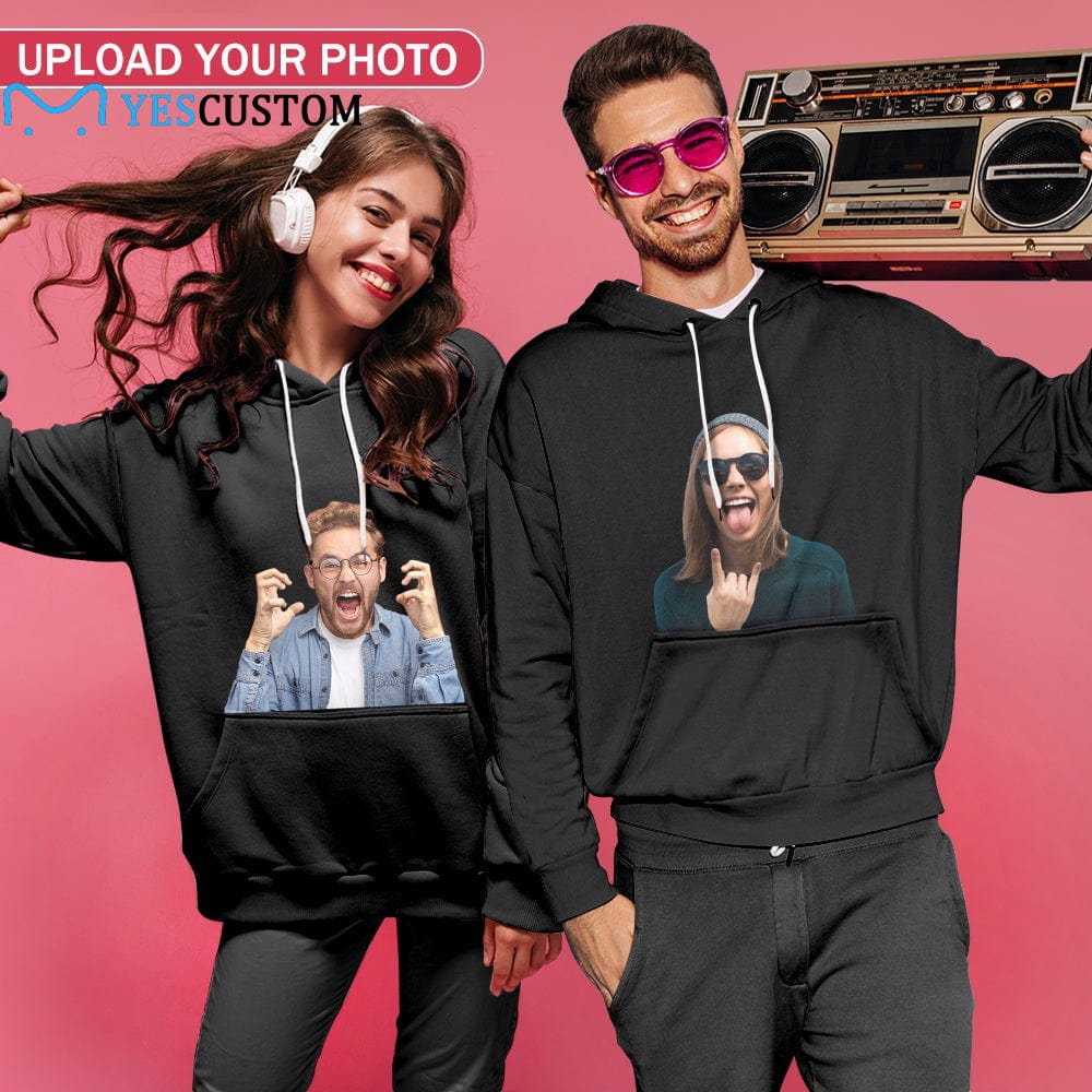 Custom Custom Face Black Unisex Hoodie Personalized Face Black Hoodie with Design Large Size Loose Hoodie Top Outfits - YesCustom
