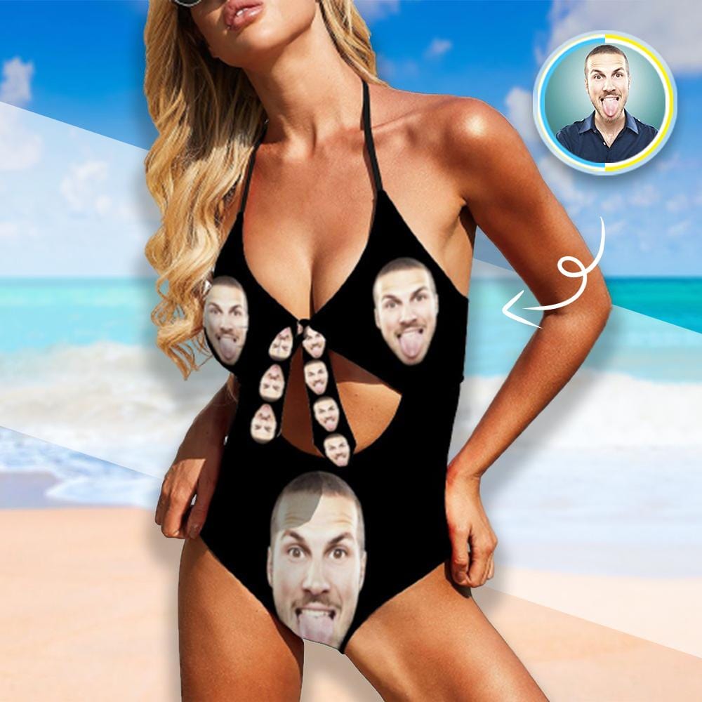Custom Custom Face Black Women's Backless Bow One Piece Swimsuit - YesCustom