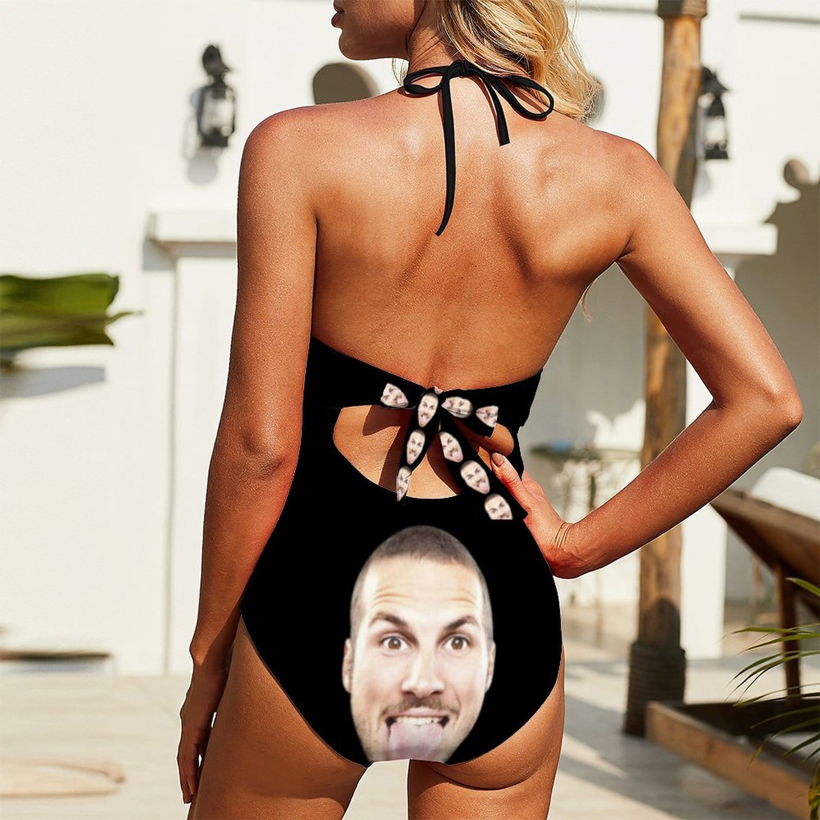 Custom Custom Face Black Women's Backless Bow One Piece Swimsuit - YesCustom