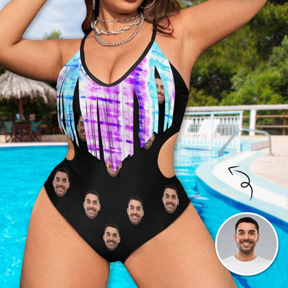 Custom Custom Face Black Women's Fringe One Piece Swimsuit Personalized Bathing Suit for Her - YesCustom