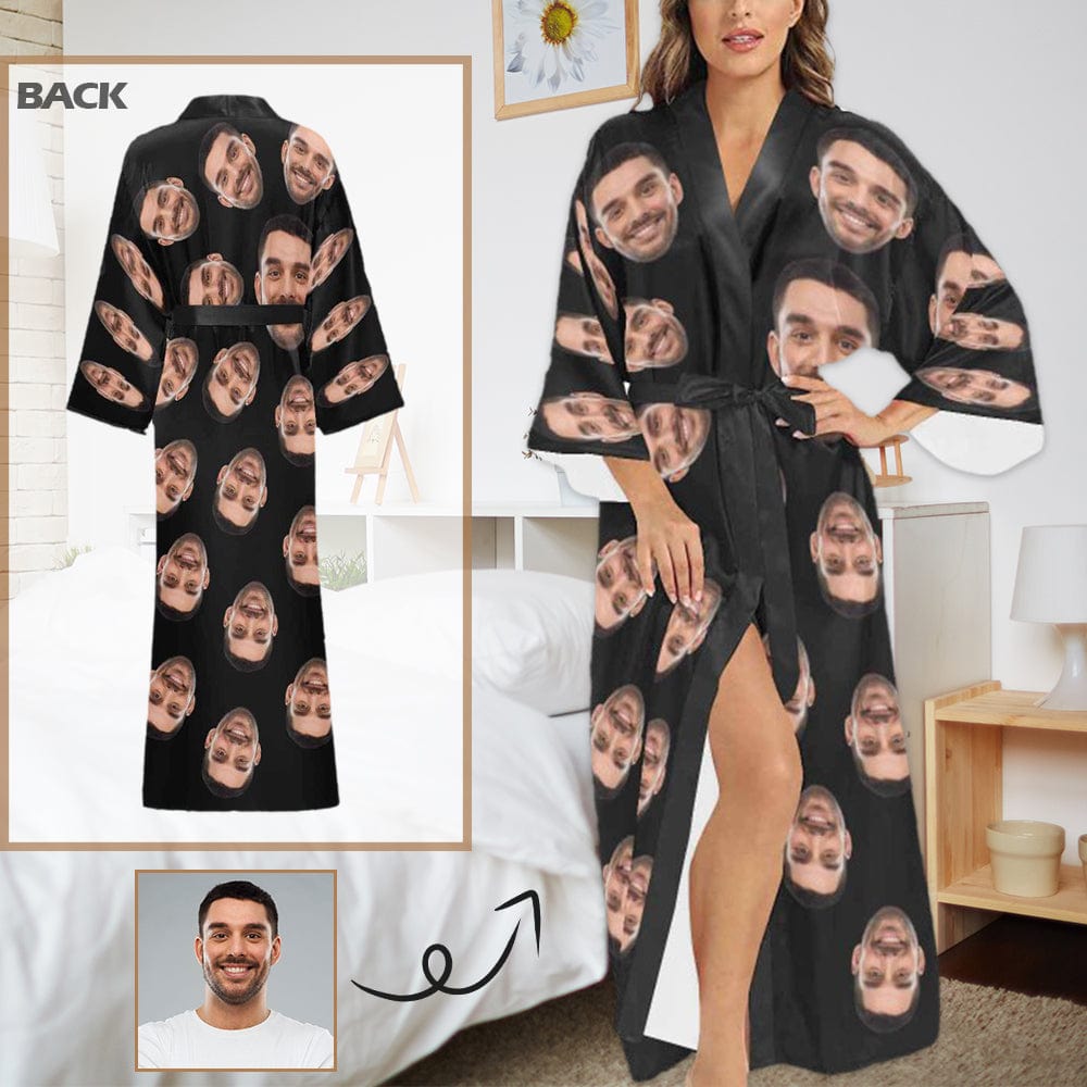 Custom Custom Face Black Women's Long Pajamas Personalized Photo Long Pajamas Kimono Robe - YesCustom