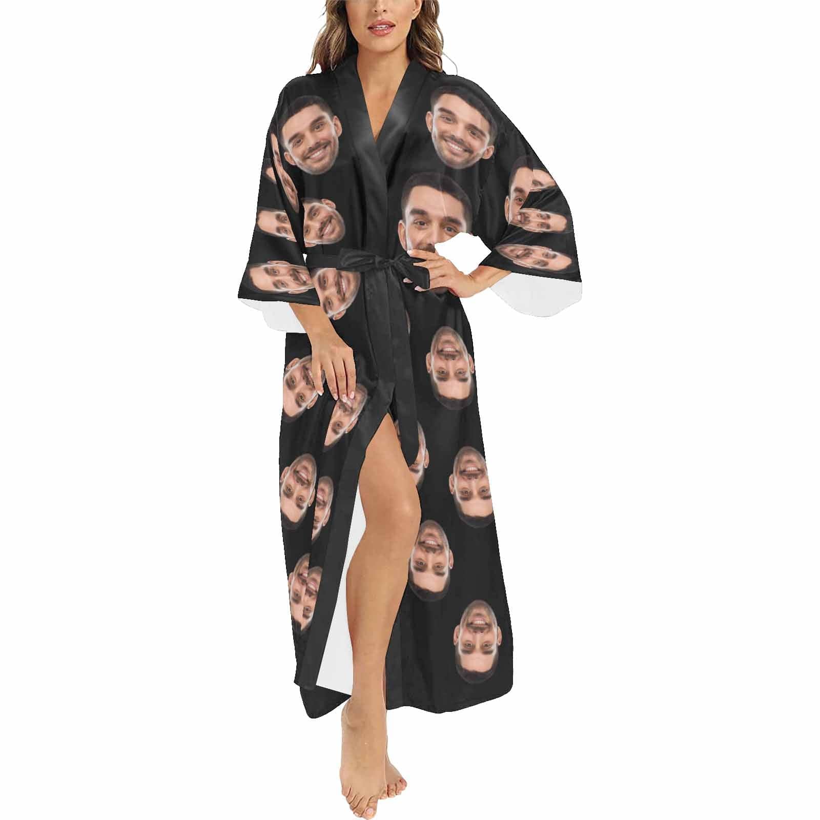 Custom Custom Face Black Women's Long Pajamas Personalized Photo Long Pajamas Kimono Robe - YesCustom