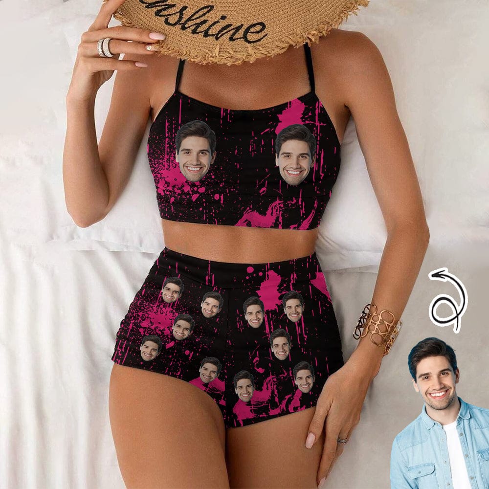 Custom Custom Face Black&Pink Boyshorts Bikini Set Personalized High Waisted Sling Bikini Bathing Suit - YesCustom