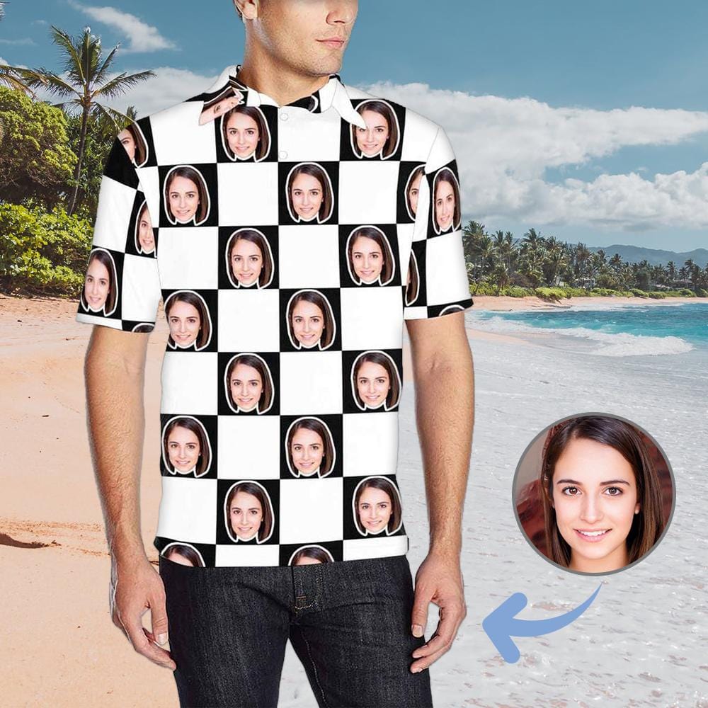 Custom Custom Face Black&White Grid All Over Print Polo Shirt Personalized Men's Golf Shirt - YesCustom