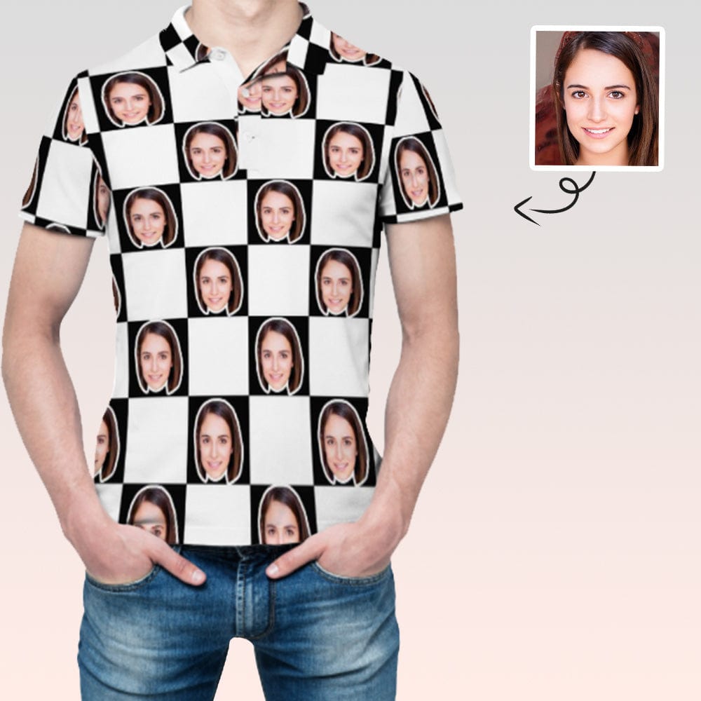 Custom Custom Face Black&White Grid All Over Print Polo Shirt Personalized Men's Golf Shirt - YesCustom