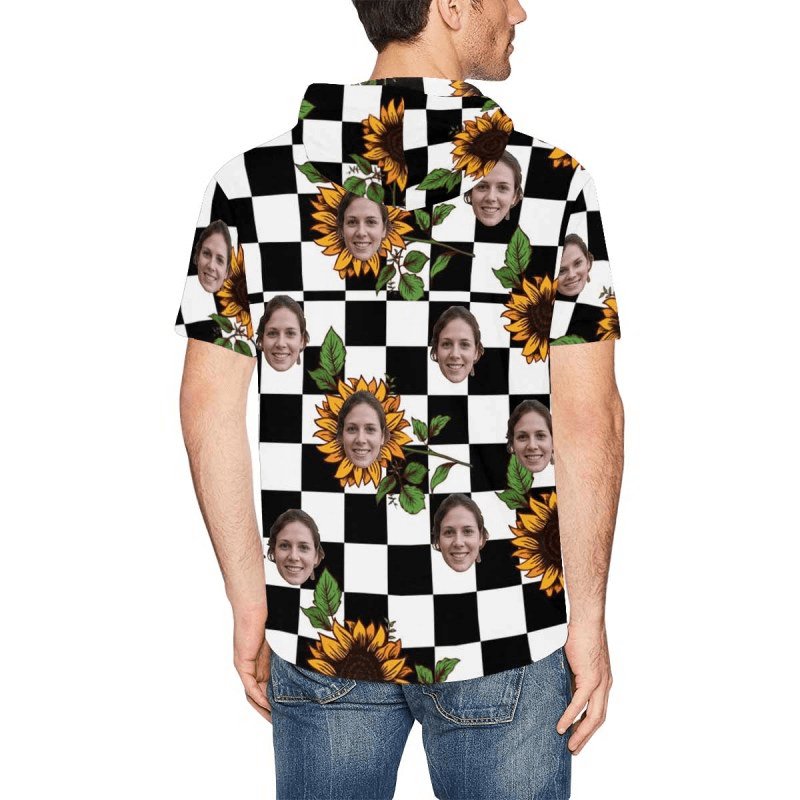 Custom Custom Face Black&White Grid Sunflower Short Sleeve Hoodie Men's Custom Face Loose Hoodie Personalized Hooded Pullover - YesCustom