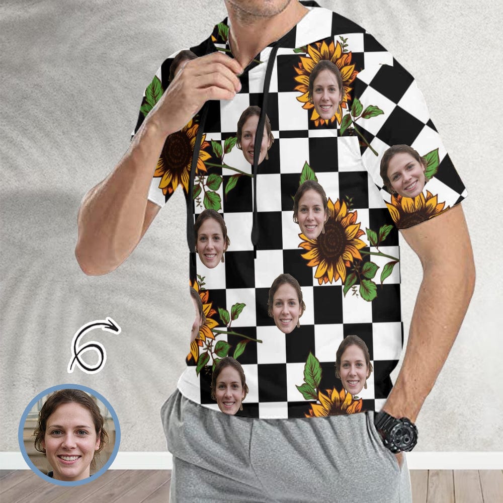 Custom Custom Face Black&White Grid Sunflower Short Sleeve Hoodie Men's Custom Face Loose Hoodie Personalized Hooded Pullover - YesCustom