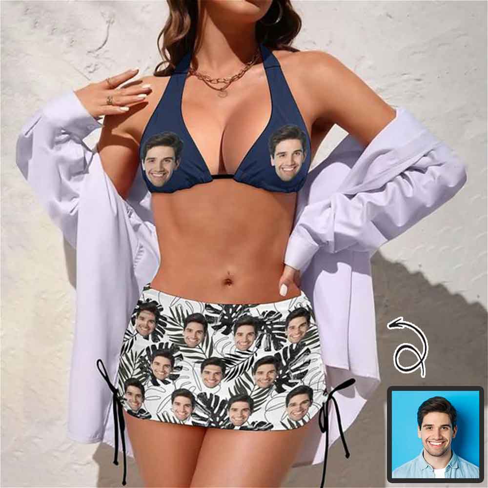 Custom Custom Face Blue Leaves 3-Pieces Bikini Set Halter Neck Top Bikini Skirts with Drawstring - YesCustom