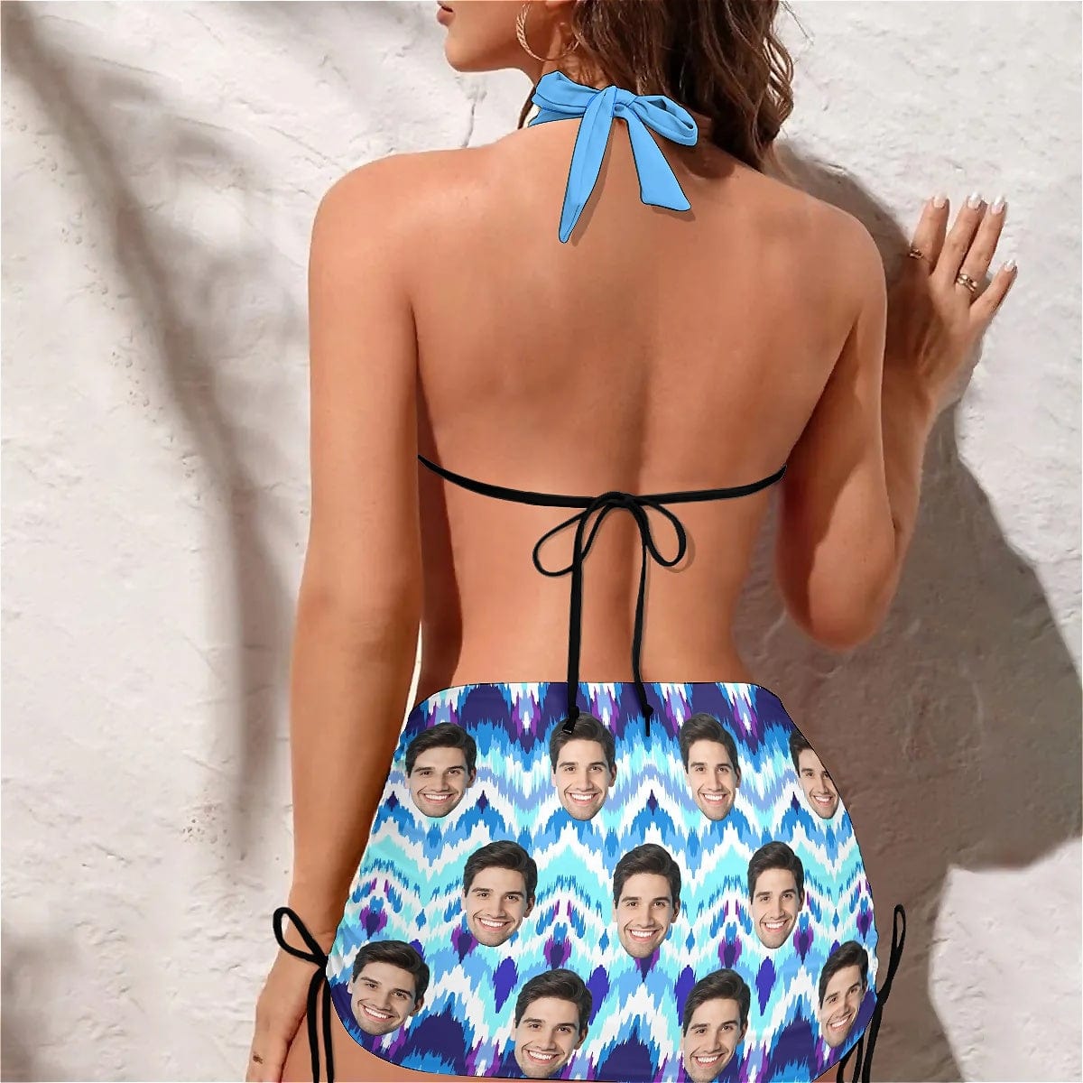 Custom Custom Face Blue 3-Pieces Bikini Set Halter Neck Top Bikini Skirts with Drawstring - YesCustom