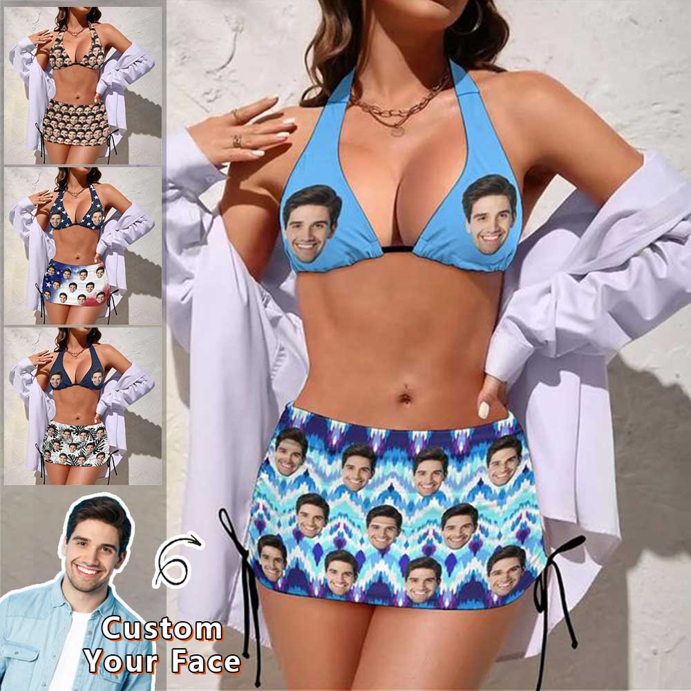 Custom Custom Face Blue 3-Pieces Bikini Set Halter Neck Top Bikini Skirts with Drawstring - YesCustom