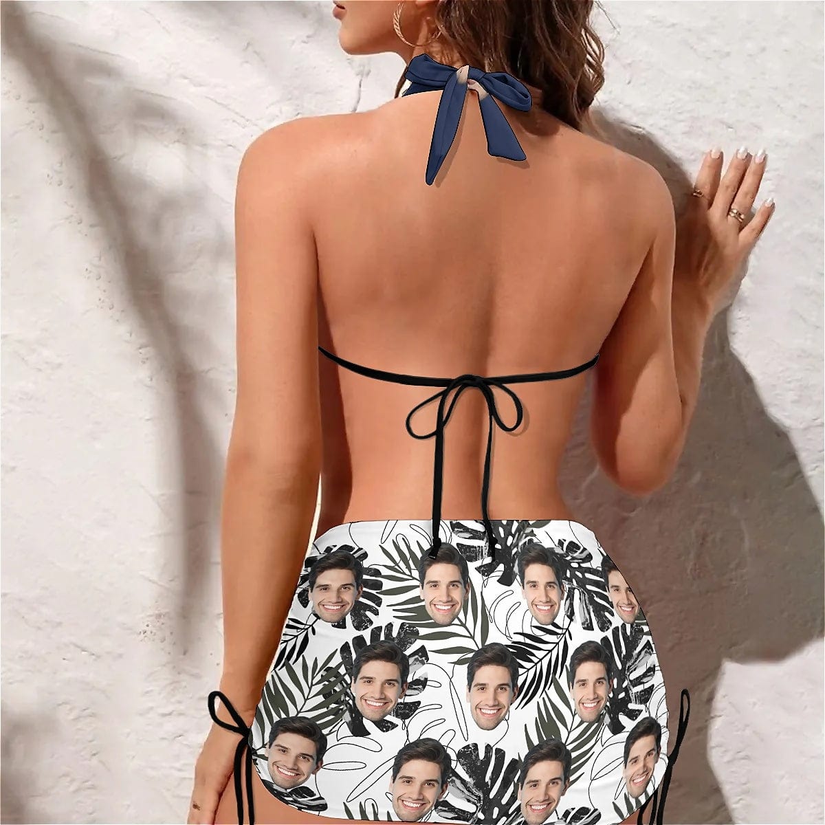 Custom Custom Face Blue Leaves 3-Pieces Bikini Set Halter Neck Top Bikini Skirts with Drawstring - YesCustom