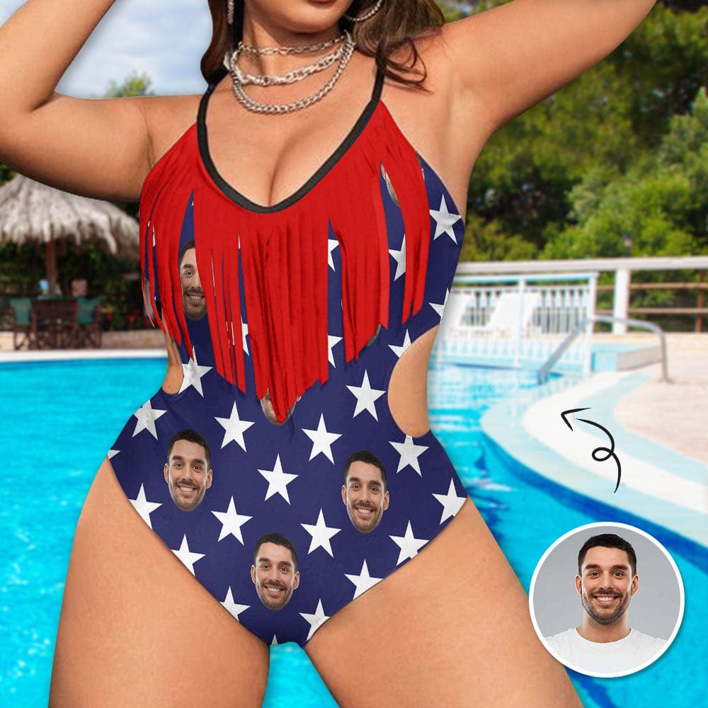 Custom Custom Face Blue and Red Pentagram Women's Fringe One Piece Swimsuit Personalized Bathing Suit for Her - YesCustom