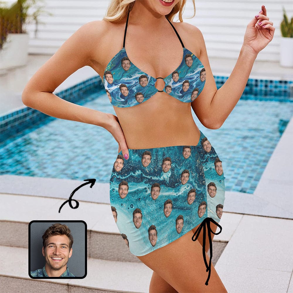 Custom Custom Face Blue Bikini Set Personalized Women's Drawstring Halterneck Three-Piece Swimsuit Skirt - YesCustom