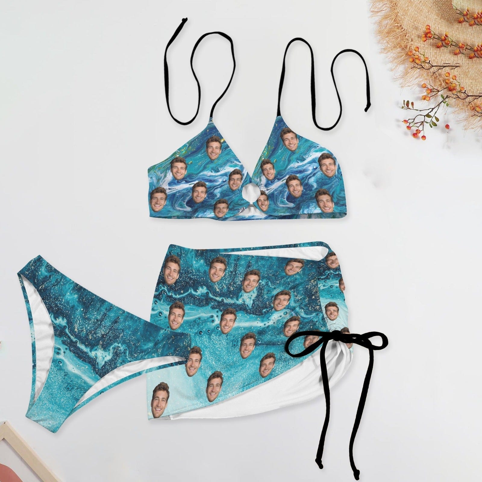 Custom Custom Face Blue Bikini Set Personalized Women's Drawstring Halterneck Three-Piece Swimsuit Skirt - YesCustom