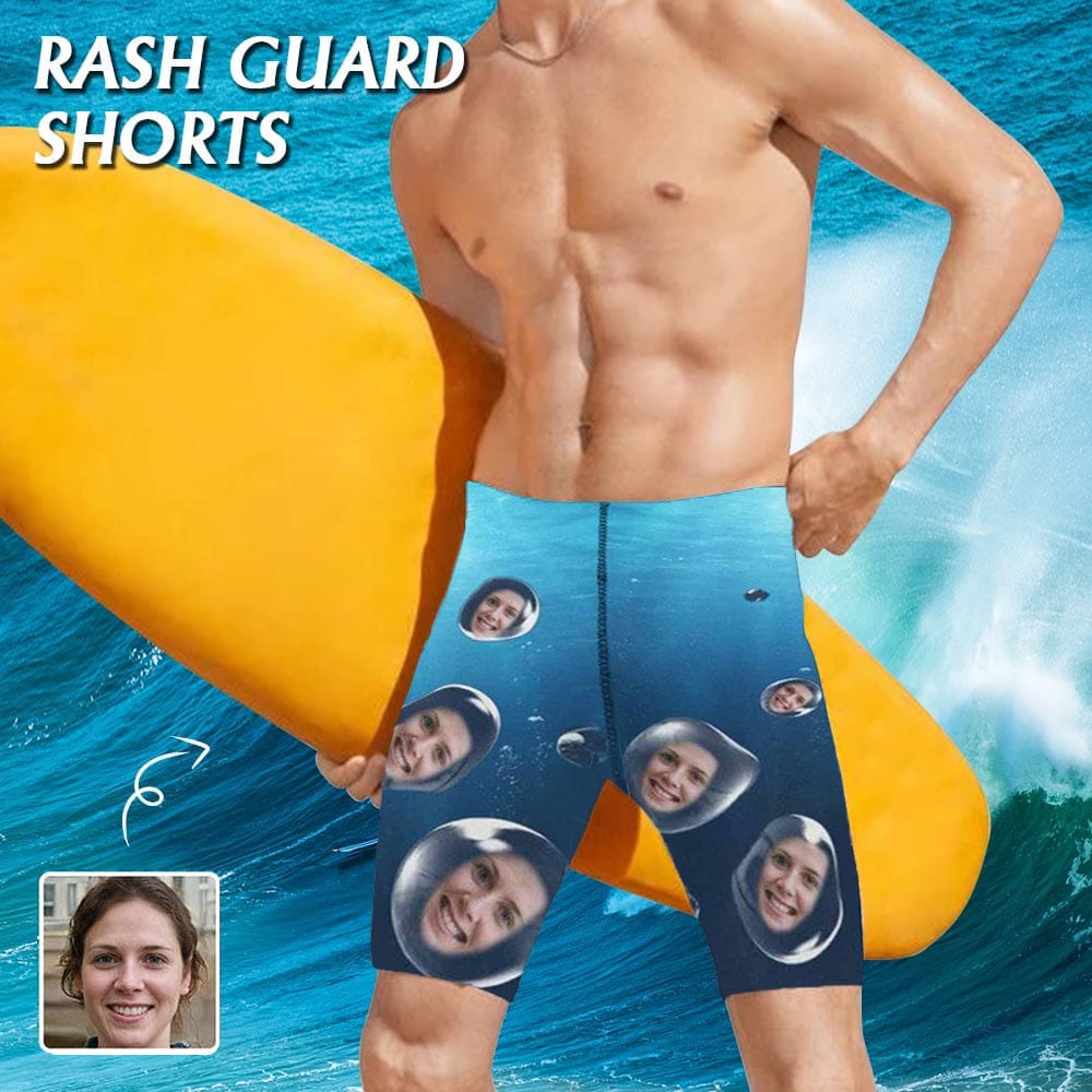 Custom Custom Face Blue Blister Men's Knee Surf Shorts Rash Guard Swim Trunks Mens Personalized Swimsuit Bathing Suit With Girlfriend's Face - YesCustom
