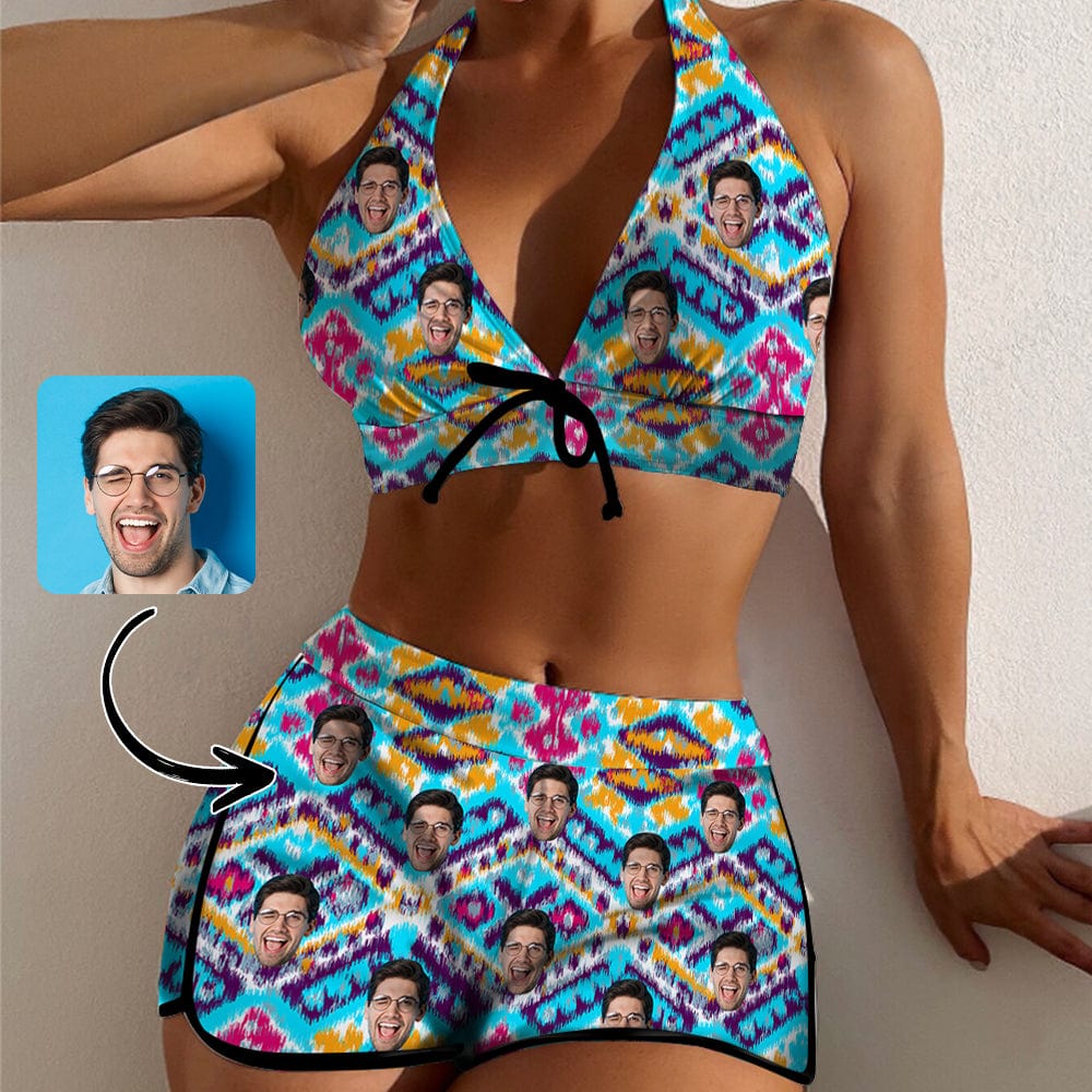 Custom Custom Face Blue Boyshorts Bikini Set Personalized Halter V Neck Top Athletic Bathing Suit High Waisted Bikini - YesCustom