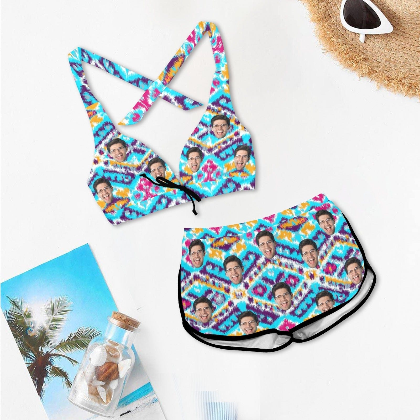 Custom Custom Face Blue Boyshorts Bikini Set Personalized Halter V Neck Top Athletic Bathing Suit High Waisted Bikini - YesCustom