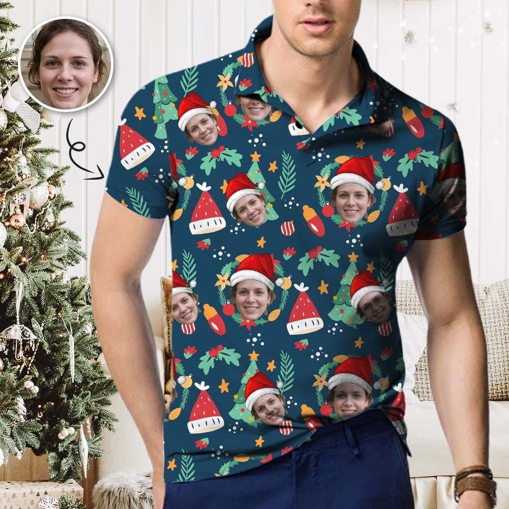 Custom Custom Face Blue Christmas Santa Hat Polo Shirt Personalized Men's Golf Shirt - YesCustom