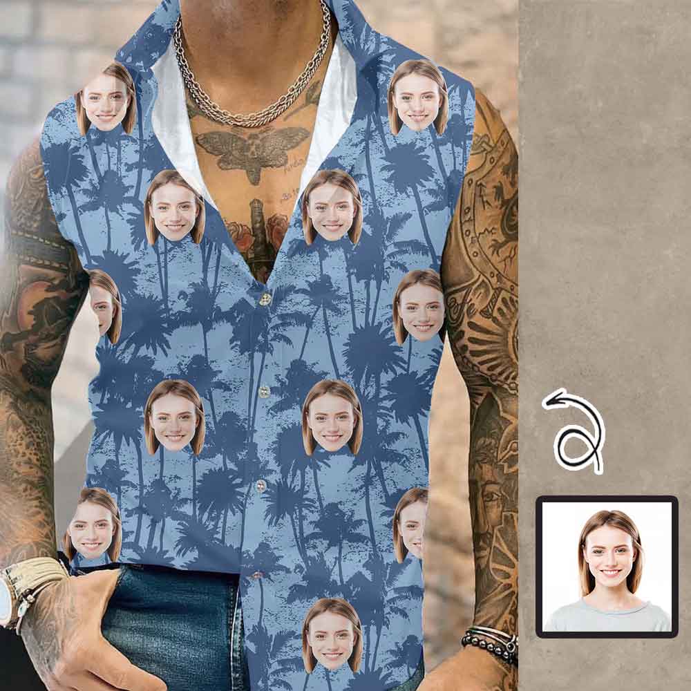 Custom Custom Face Blue Coconut Mens Sleeveless Button Down Shirts Summer Beach Basic Hawaiian Shirts Clothing - YesCustom