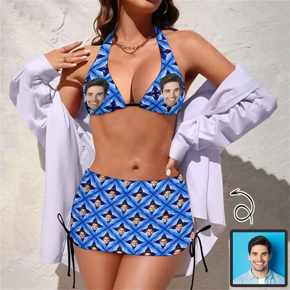 Custom Custom Face Blue Cross 3-Pieces Bikini Set Halter Neck Top Bikini Skirts with Drawstring - YesCustom
