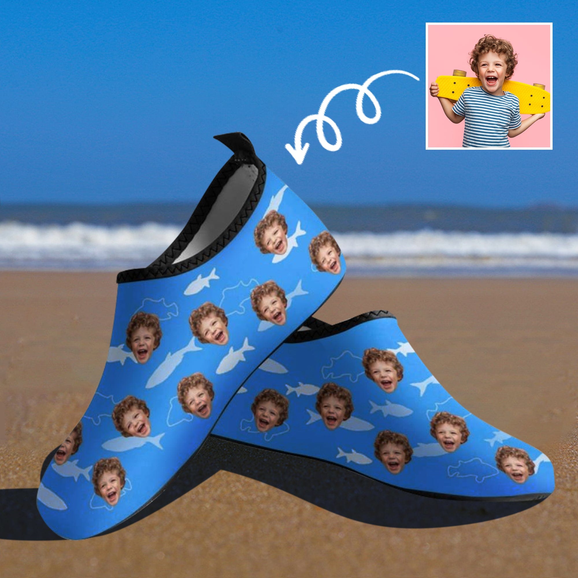 Custom Custom Face Blue Fish Kids Diving Shoes Slip-on for sport Quick-DryBeach Swimming Shoes Aqua Shoes Barefoot Shoes Outdoor Water Shoes - YesCustom