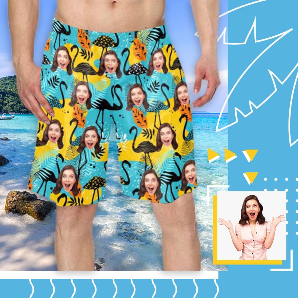 Custom Custom Face Blue Flamingo Personalized Photo Men's Elastic Beach Shorts - YesCustom