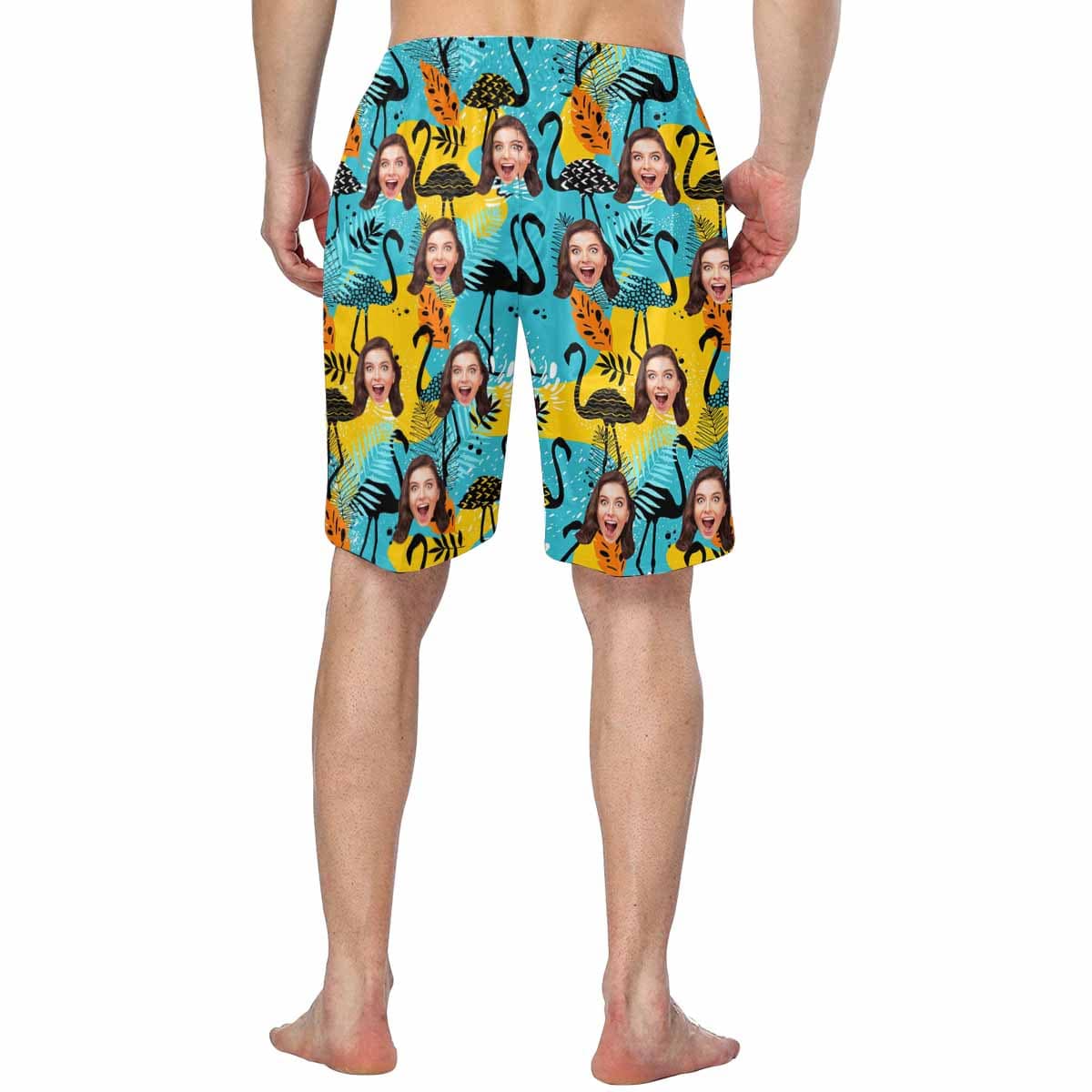 Custom Custom Face Blue Flamingo Personalized Photo Men's Elastic Beach Shorts - YesCustom