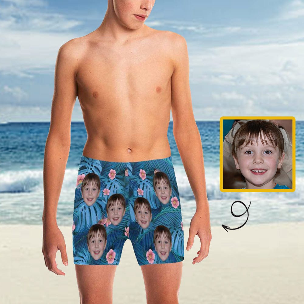 Custom Custom Face Blue Flower Big Boys' Swimming Trunks Personalized Kids' Swim Shorts Children Swimwear - YesCustom